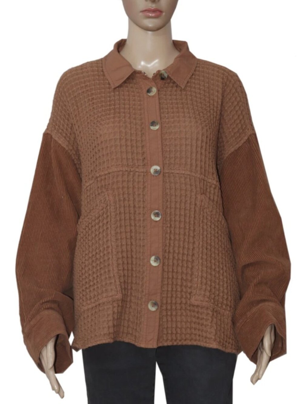 UO BDG Bryson Waffle Shirt Jacket Top Buttondown Striped Brown XL